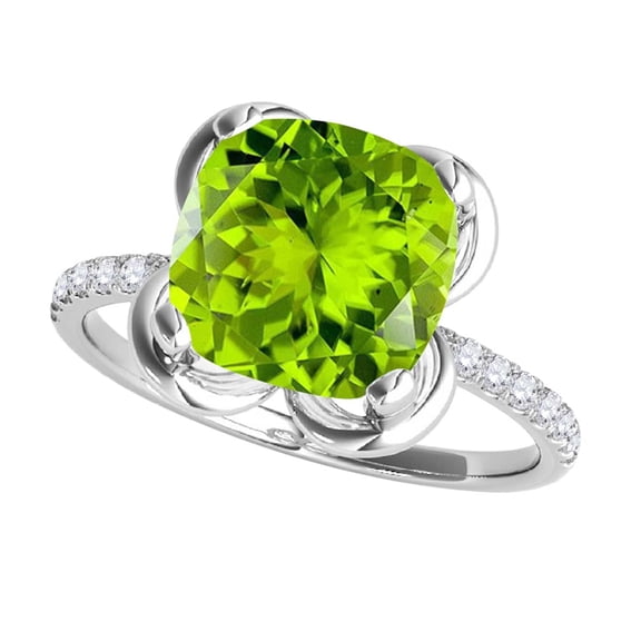 Mauli Jewels 2.30 Carat Cushion Cut Peridot & Diamond Ring for Women in 10K White Gold, Birthstone Engagement Promise Anniversary Ring