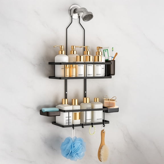 SBEN Hanging Shower Caddy (Black) – Rustproof, No-Drill Organizer with 2 Soap Dishes, Toothbrush Holder, 4 Hooks, Fits Over Showerhead.