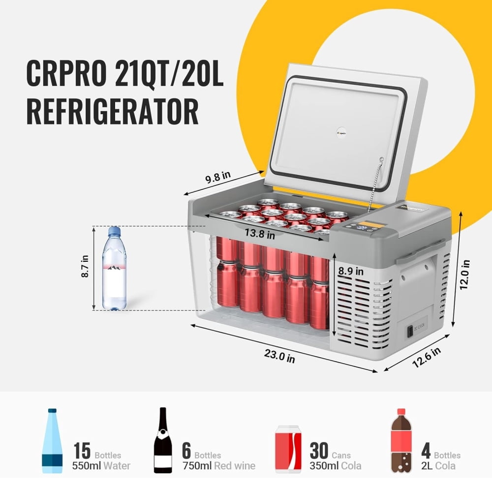 BougeRV Portable Car Refrigerator CRPRO 21 Qt, 12 Volt Fridge Compressor Freezer with -8℉~50℉ Cooling Range, 12V/24 DC & 110-240 AC for RV Truck Vehicle Boat Outdoor & Home Use Grey