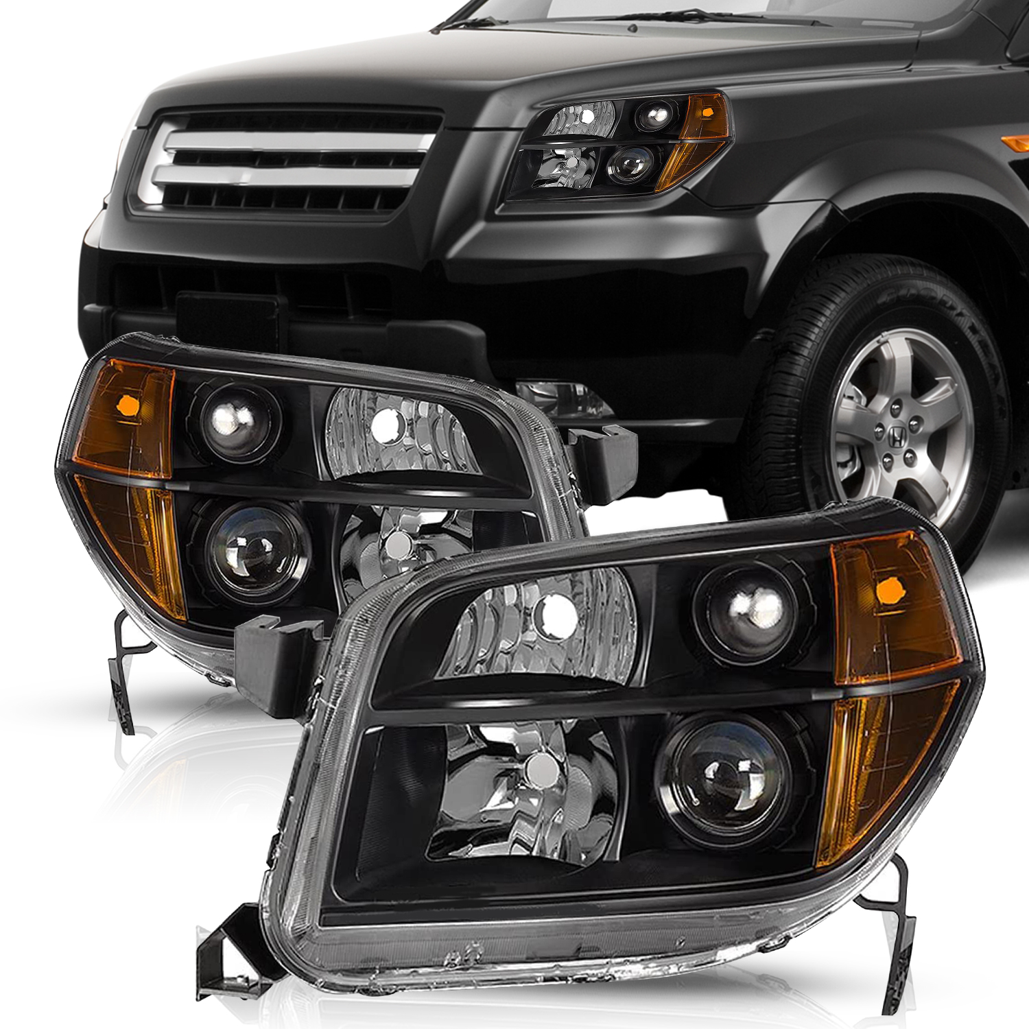 For 2006-2008 Honda Pilot Chrome Housing Amber Corner Headlights Assembly Pair