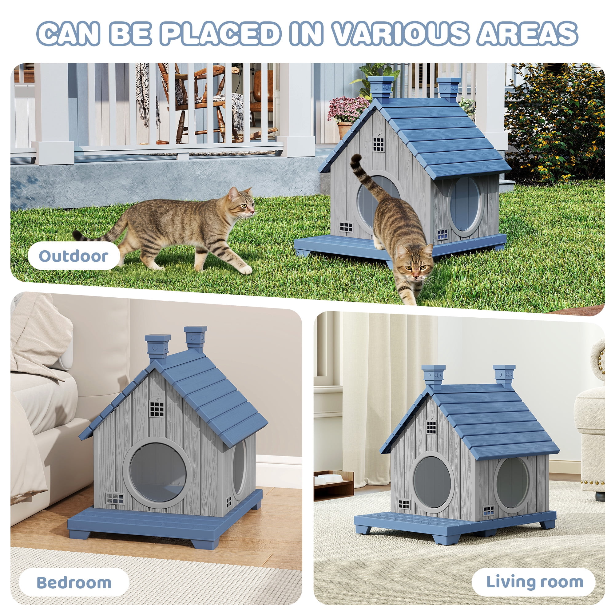 Bifanuo Outdoor Cat House,Weatherproof Resin Cat House, Villa-Style Outdoor Cat Shelter,Assemble Easily for Home & Yard,Blue