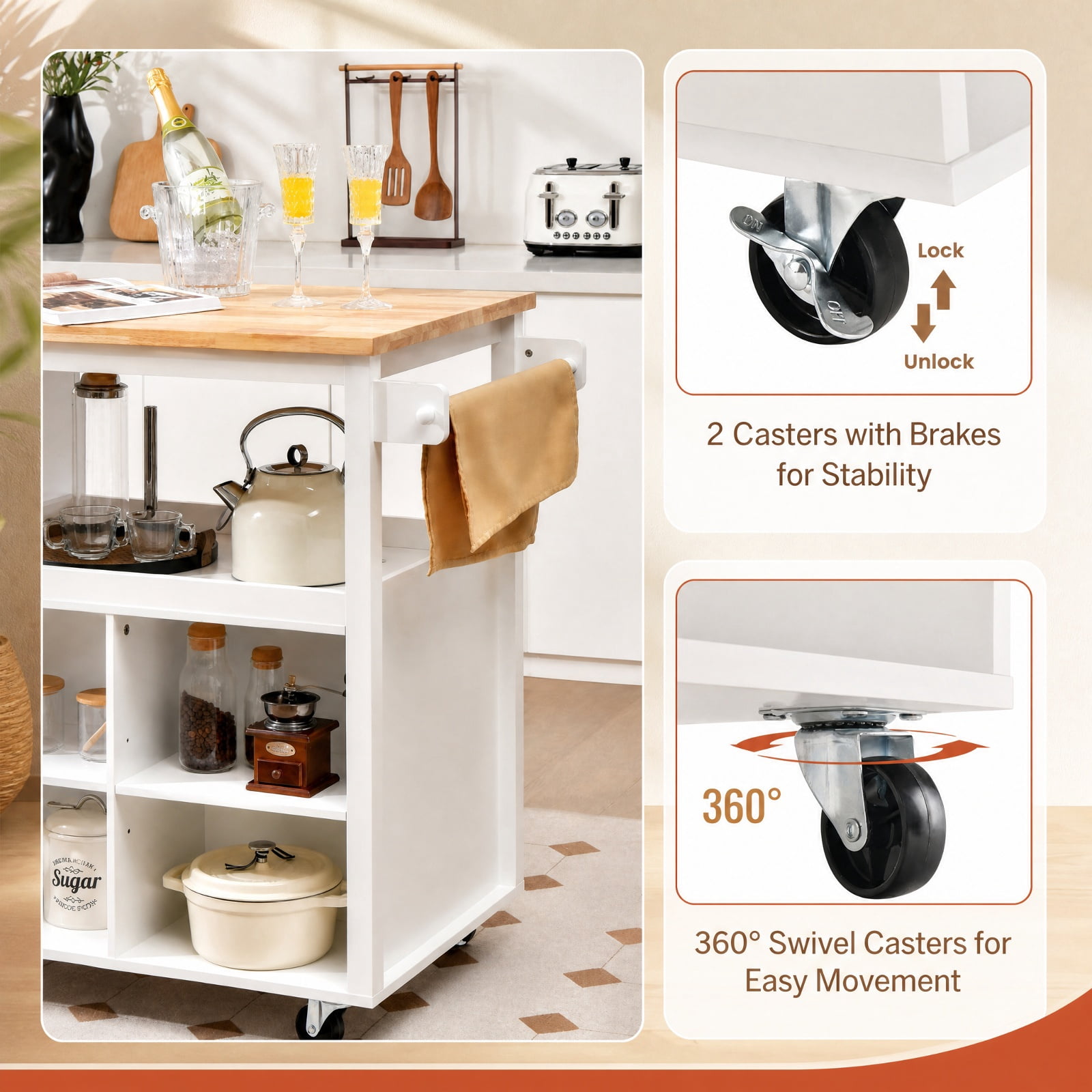 Furnibear Kitchen Island Trolley Cart on Wheels with Rubber Wood Countertop Open Shelves Spice Rack and Storage Drawer for Dining Rooms, White
