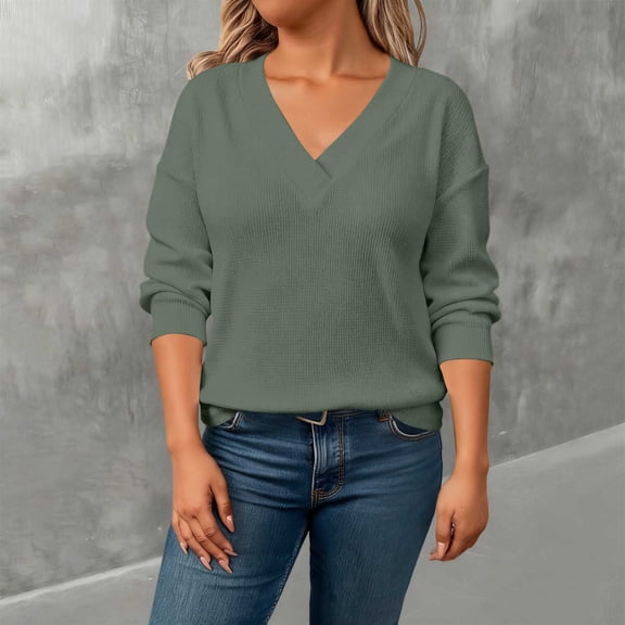 Plus Size Shirts for Women Long Sleeve Waffle Knit V-Neck Loose Pullover Blouse
