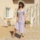 thumbnail image 4 of Gibobby Vestido Mujer Casual de Playa Verano Mujeres Casual Fashion vestido Floral imprimió Bohemia V cuello elegante Sexy vestido A Line manga corta Casual Mid(Morado,G), 4 of 5