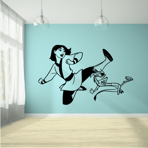 Disney Cartoon Character Mulan And Mushu Cute Silhouette Wall Sticker Design For Kids Boys Girls Room Bedroom Fun Wall Home Decal Design Stickers Wall Art Vinyl Decoration Size (20x20 inch)