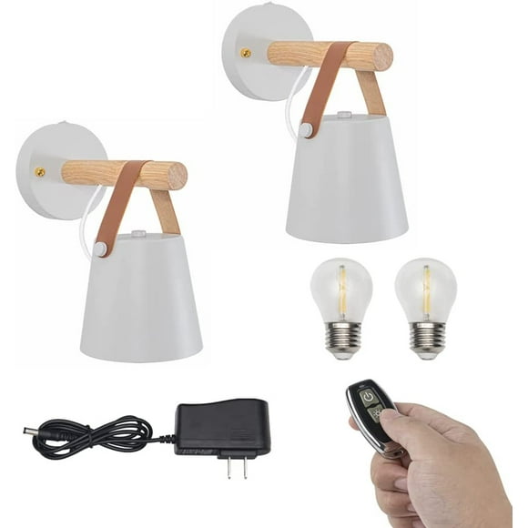 FSLiving Battery Operated Wall Sconce Rechargeable Battery Run Low-Volt Safe LED Remote Control Cordless White Metal Wooden Wall Sconce Vintage Wall Light for Corridor Dorm Bulb Included-2 Packs