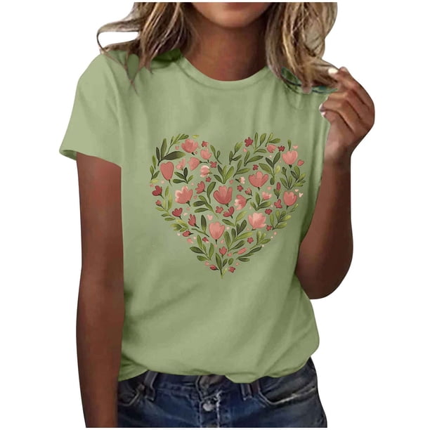 Primavera Top Mujeres de Moda de Cuello Redondo con Patrones de Corazón de Manga Corta Camiseta Top para Uso Diario Y de Fiesta