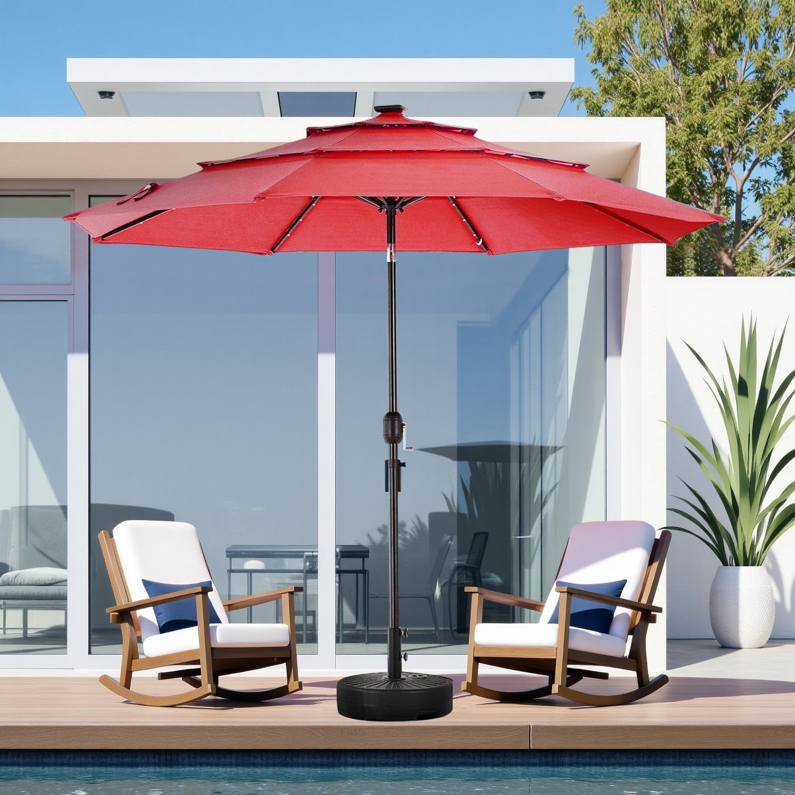 9.2 ft Outdoor Patio Umbrella with Crank and Push-Button Tilt, Market Umbrella with 8 Sturdy Ribs for Deck, Pool, Porch, Garden, Red