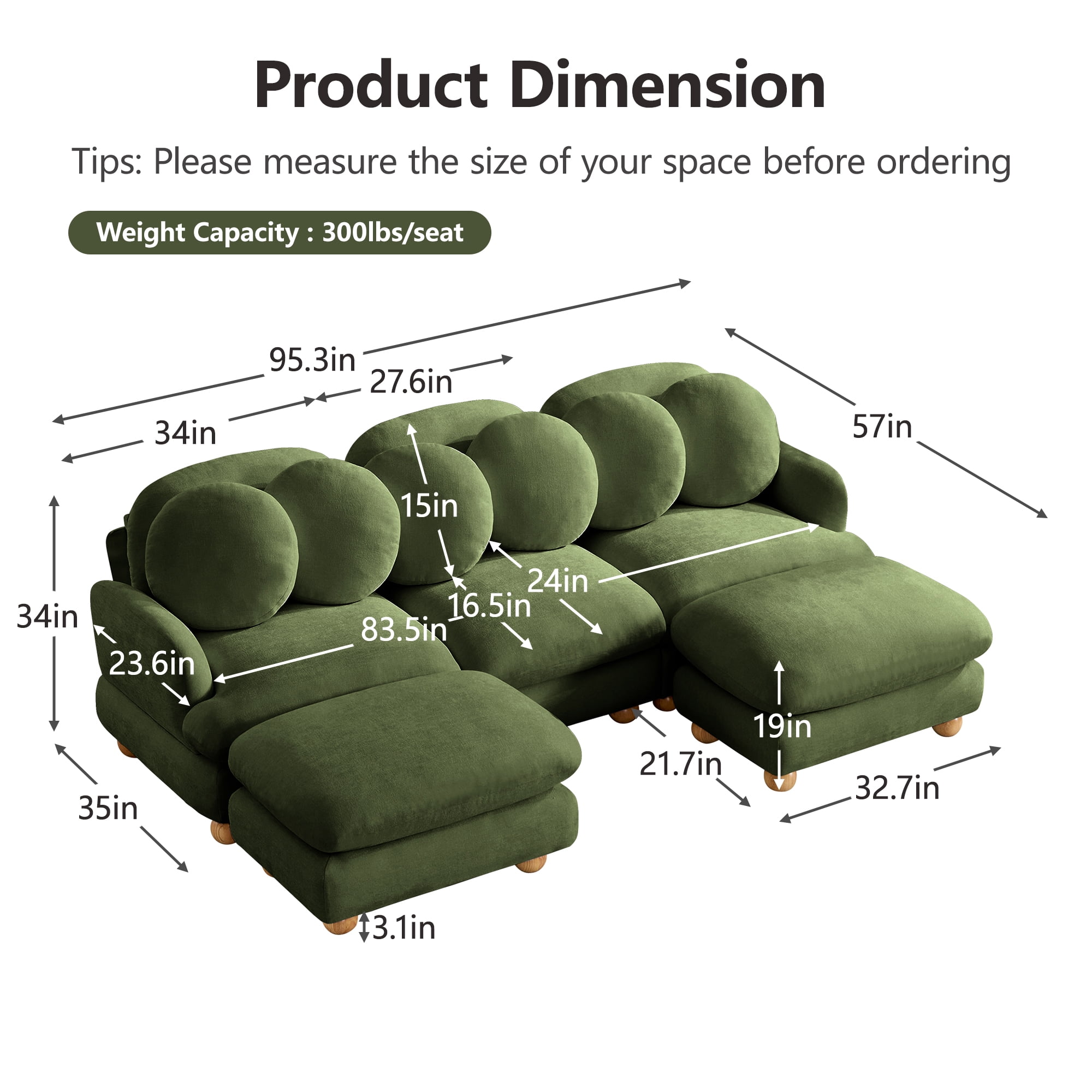 95" U-shaped 5 Seater Chenille Modular Sectional Sofa Couch with 6 Throw Pillows and 2 Ottoman