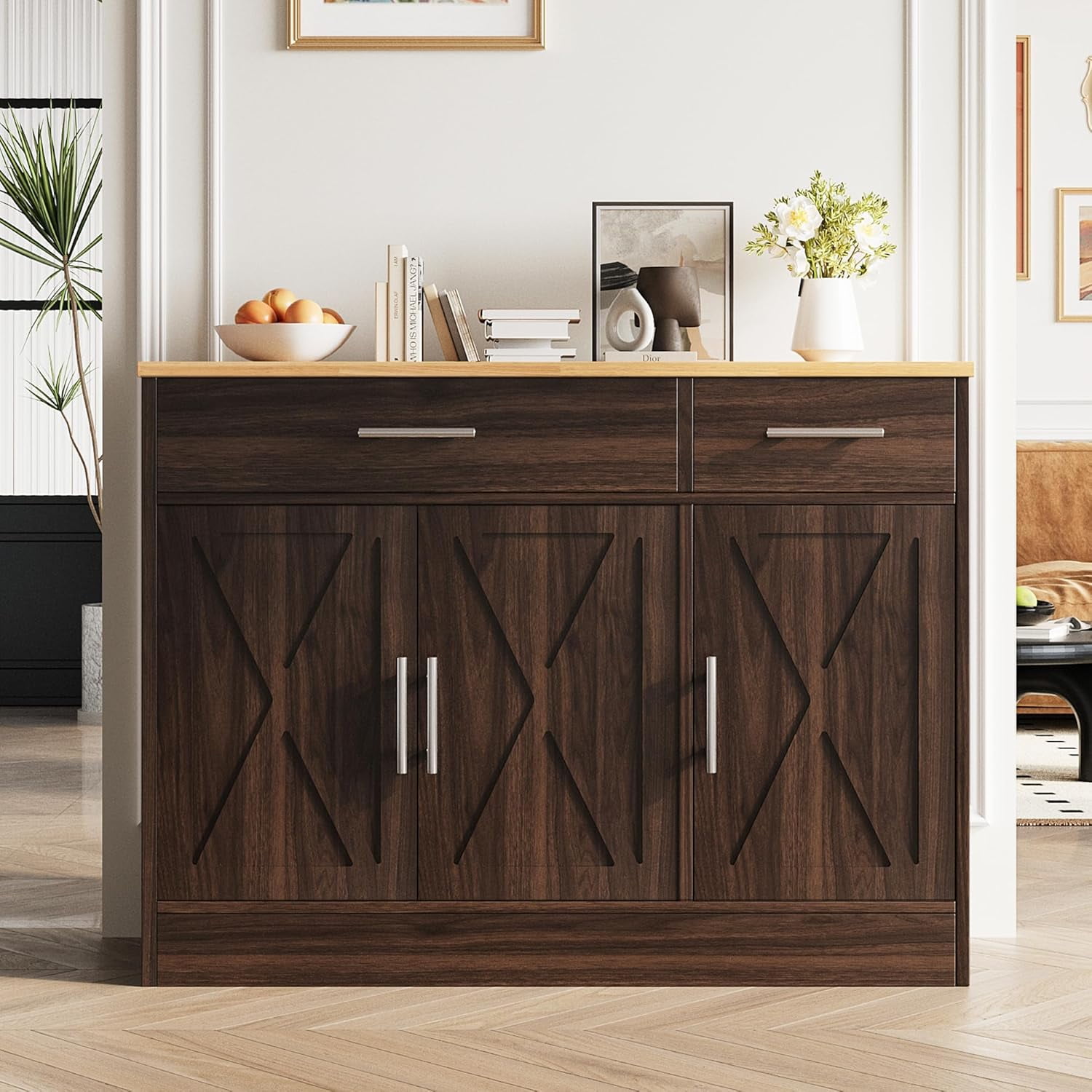 43" Farmhouse Sideboard Buffet Cabinet, Rustic Brown | Buffet Cabinet with Storage, Modern Coffee Bar Cabinet with 2 Drawers and Adjustable Shelves for Kitchen, Dining Room