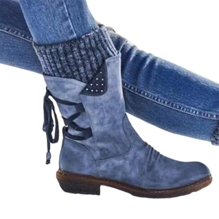 

Ikemiter Winter Boots for Women with Thick Heel Vintage Design Lace Up