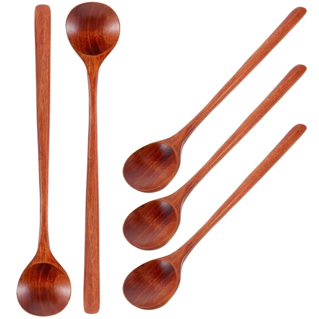 5 cucharas de madera de mango largo, cucharas de madera para mezclar café, utensilios de cocina de madera.