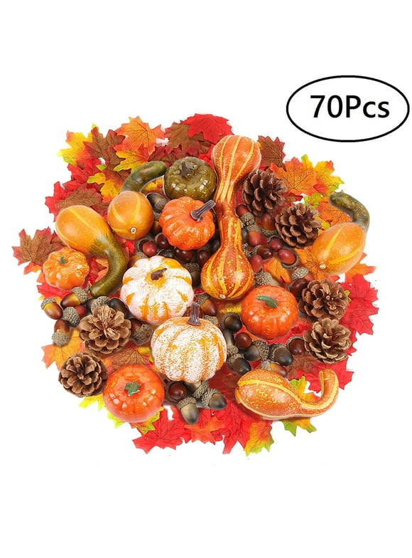 SuoKom Pumpkins Decor Set, 70Pcs Artificial Faux Foam Harvest Decoration, 50 Maple Leaves/ 10 Acorns/ 2 Pinecones/ 8 Pumpkins, for Fall Wedding Thanksgiving Halloween Decor