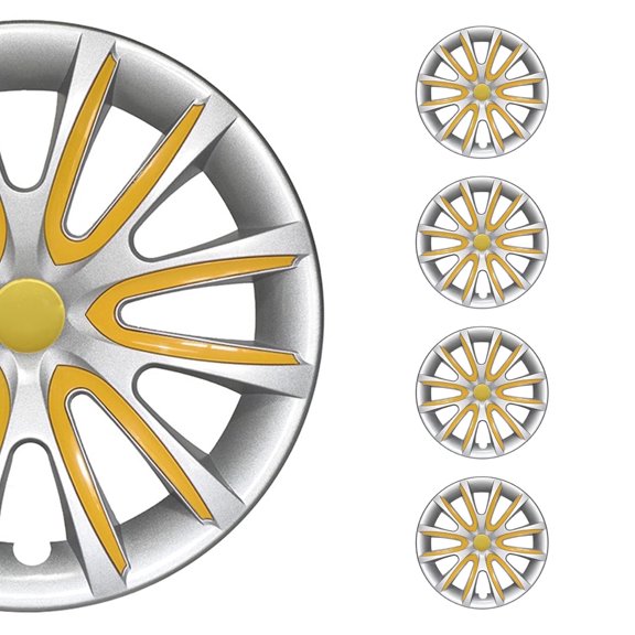 OMAC 14" 4 Pcs Wheel Covers Gray & Yellow Hub Caps Set fits R14 Tire Steel Rim