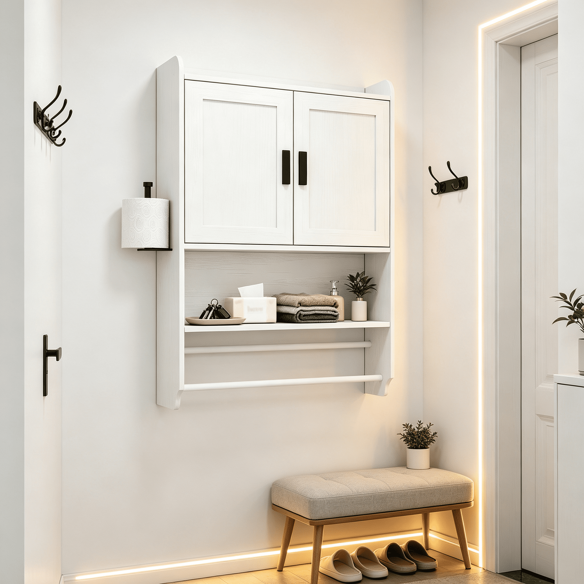 Astoutdoor Wall-Mounted Bathroom Storage Cabinet, Engineered Wood with Adjustable Shelf, Towel Bar, Toilet Paper Holder, Open Shelf, White