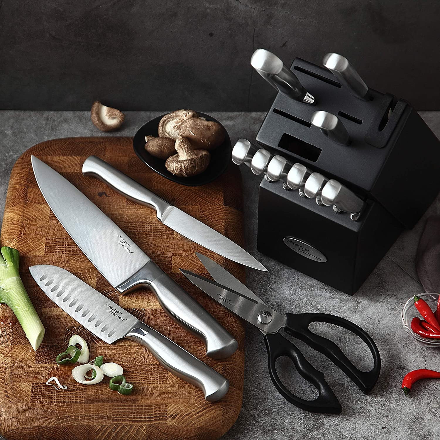 Marco Almond KYA28 14-Piece Stainless Steel Cutlery Kitchen Knife Set with Block,Built-in Sharpener