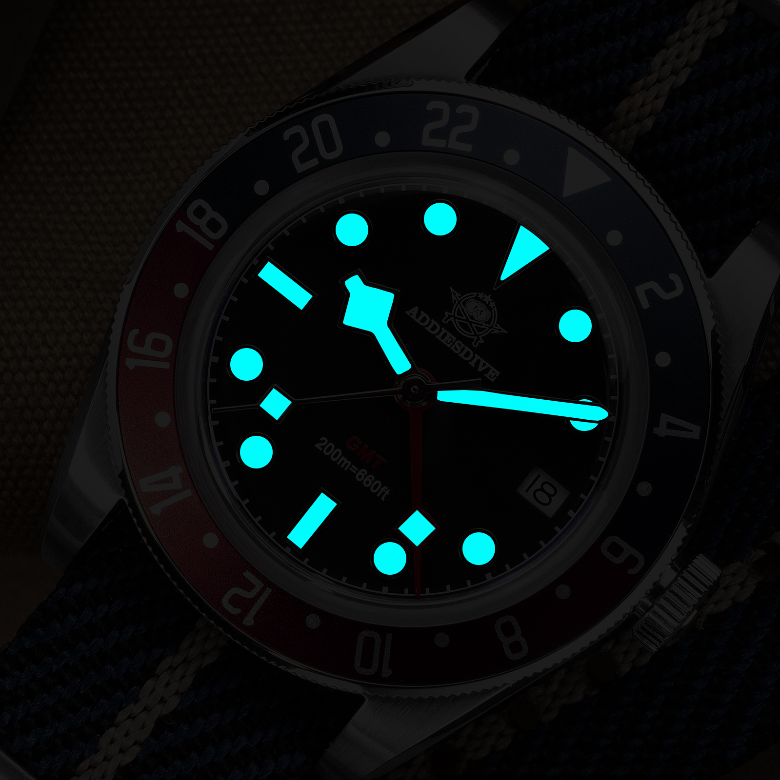 ADDIESDIVE Men's GMT Dive Watch 200M with Swiss Quartz Movement, 316L Stainless Steel Men's Analog Quartz Watches, BGW9 Luminous Unidirectional Bezel Blue Nylon Band