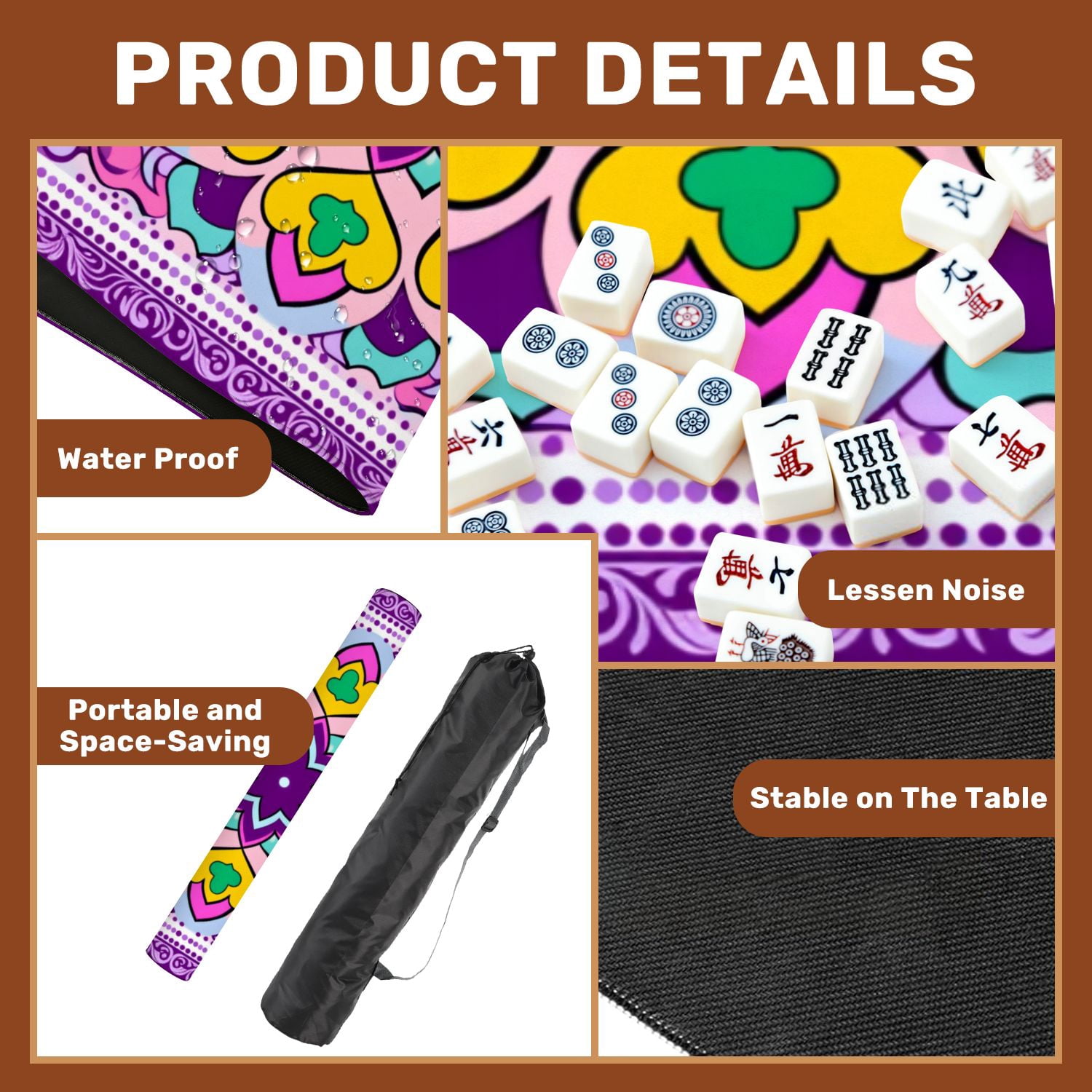 Mahjong Mat 31.5" x 31.5" Colorful Heart Floral Mandala Purple Pink Tones Non-Slip Noise Reduction American Mahjong Tiles Table Cover for Dominoes Poker Card Board Games Gift