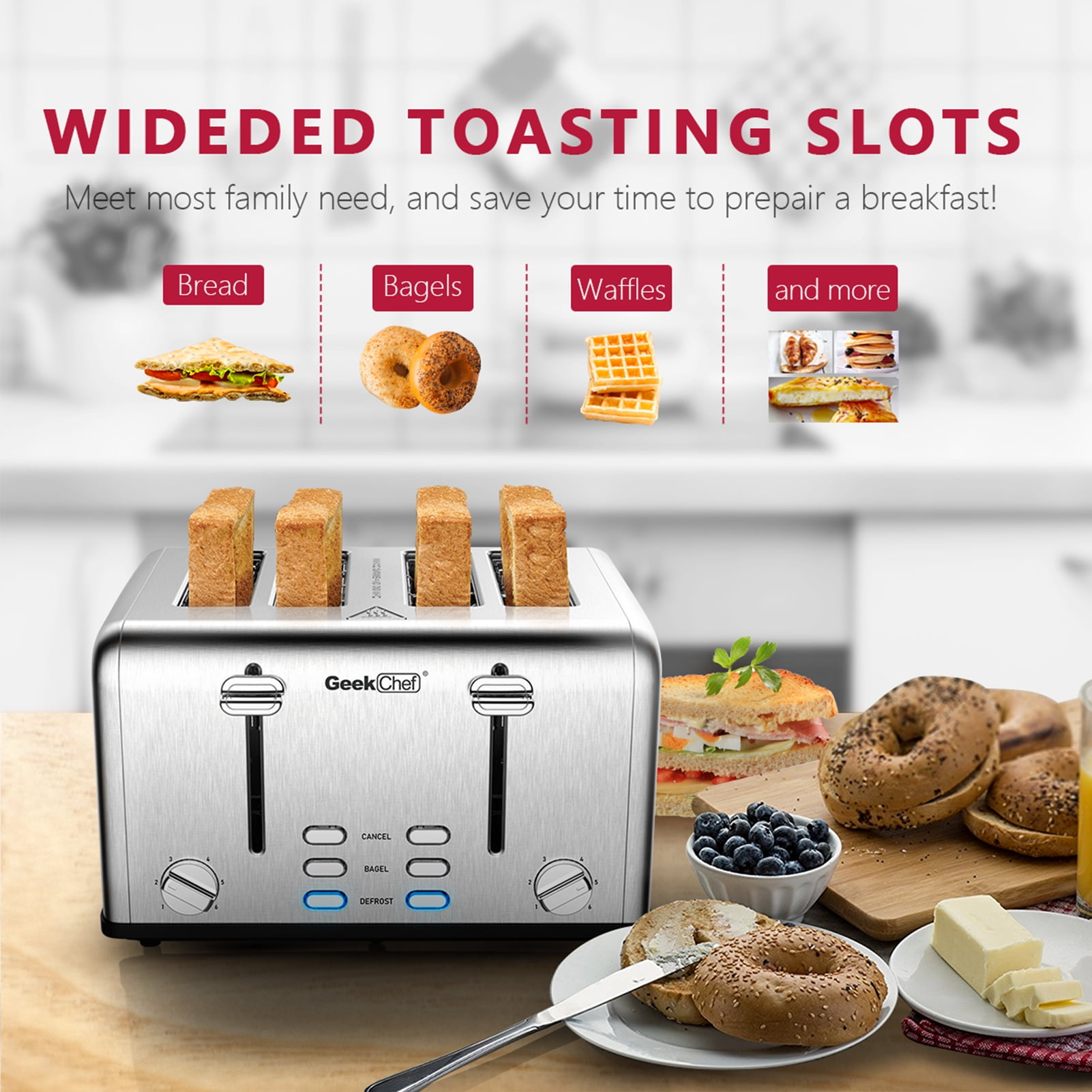 Geek Chef 4 Slice Toaster,Stainless Steel Bread Bagel Toaster With