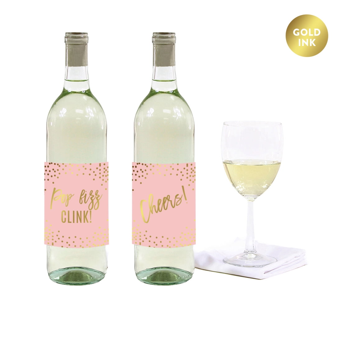 Blush Pink and Metallic Gold Confetti Polka Dots, Wine Bottle Labels, 8Pack