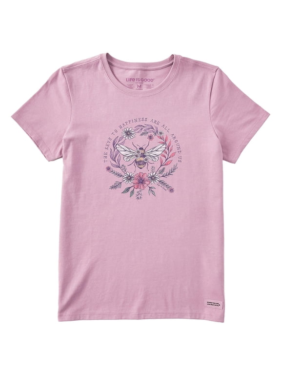 SM Life is Good Women's "The Keys to Happiness Are All Around Us" Bee Graphic Crusher Crewneck T-Shirt