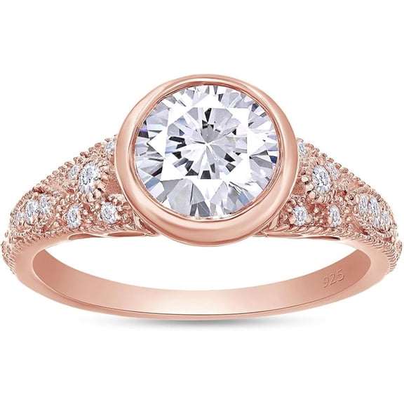 925 Sterling Silver 14K Rose Gold Finish Round Cut White Diamond Bezel Set Vintage Style Engagement Rings for Women