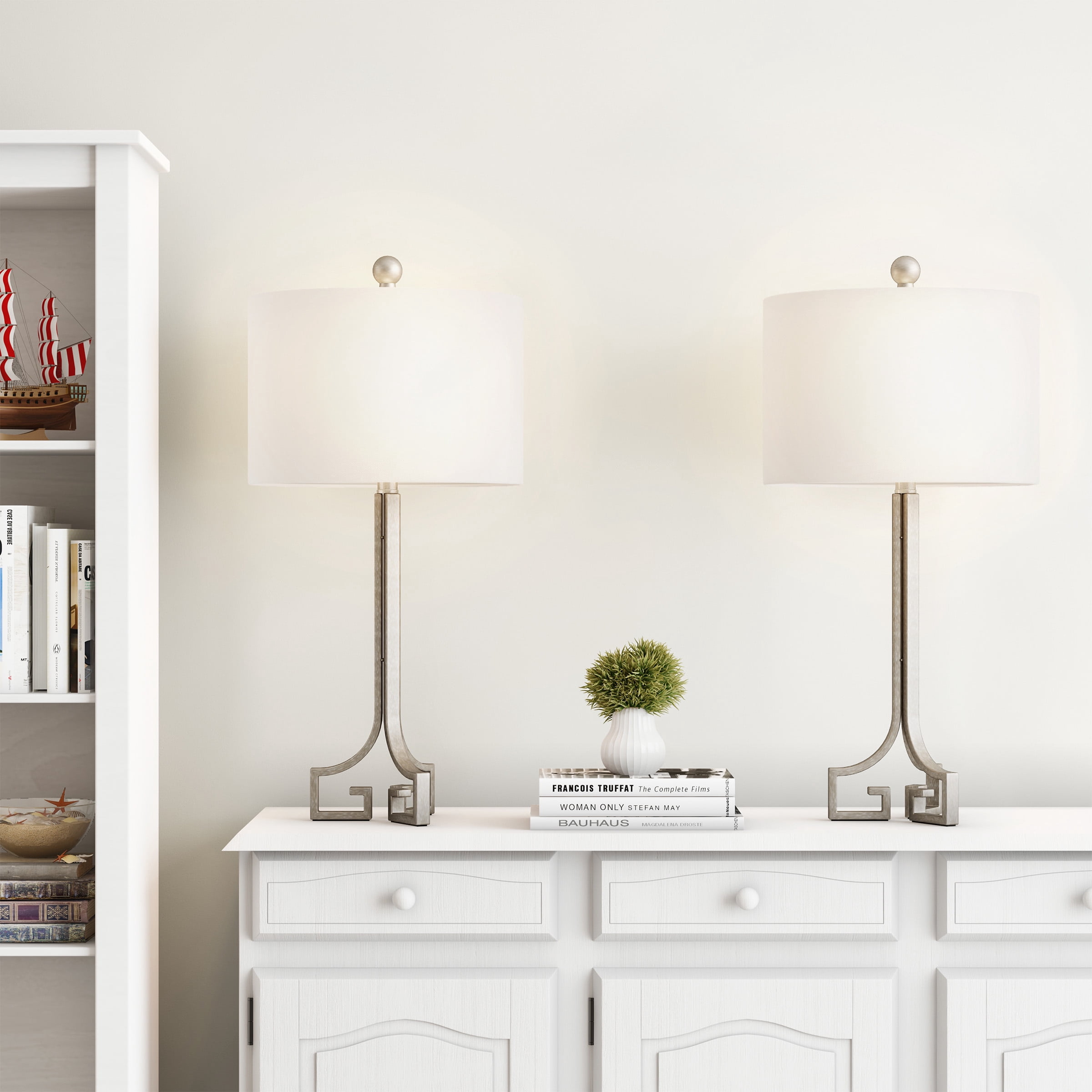 Lavish Home Greek Key Table Lamps - Set of 2 Modern Lights - Antique Silver with Ivory Shades