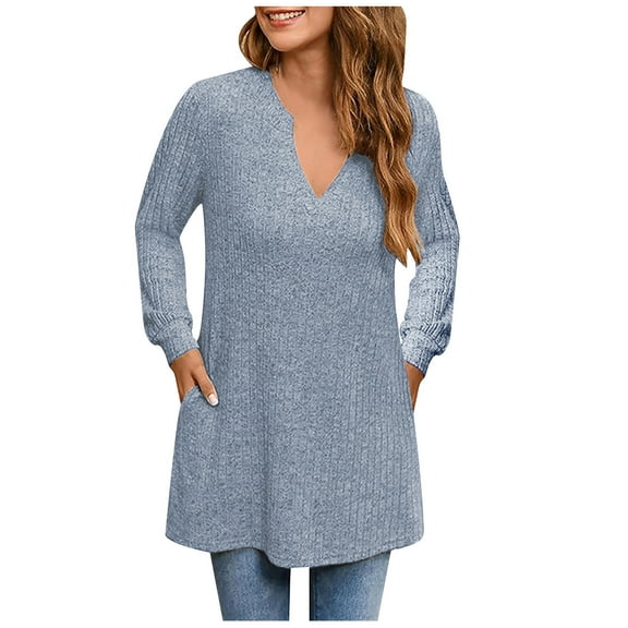 yievot Womens Knit Tunic Tops Casual Ribbed Solid Color V Neck Long Sleeve Shirts Blouse