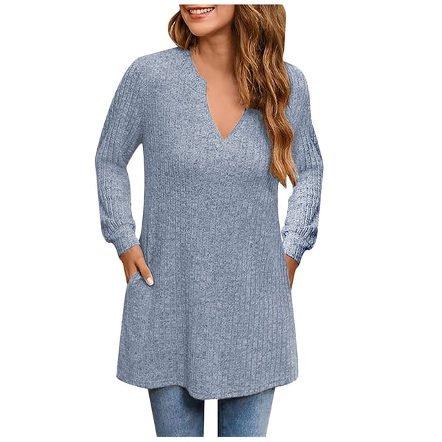 tarylea Ribbed Tops for Women V Neck Mid Length Tops Long Sleeve Loose Fall Pullover Casual Dailywear