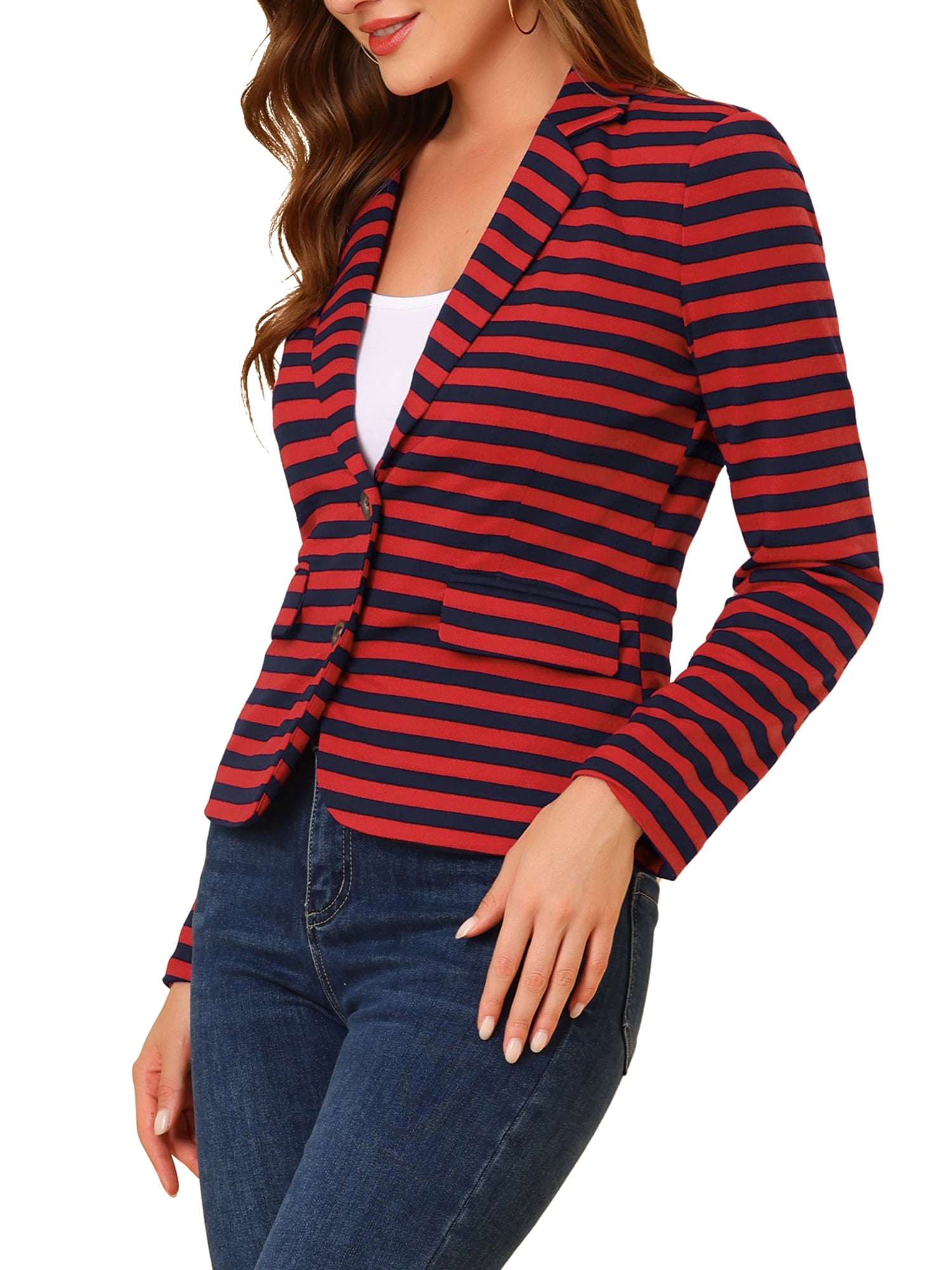 DARING DIVA Women's Striped Notched Lapel Button Closure Blazer M Red Blue
