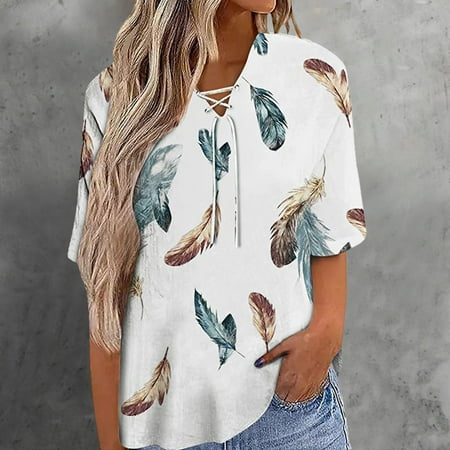 Womens Summer Floral Shirts V Neck Straps Blouse Short Sleeve Shirts Flowy Smooth Pullover Casual Loose Tunic Tops Plus Size Tops For Women Summer Blusas Casuales De Mujer Bonitas