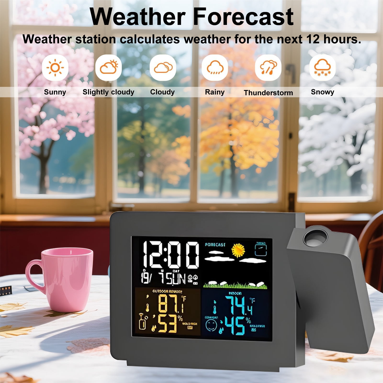 Syenll Projection Alarm Clock with Weather Station, Digital Indoor Outdoor Thermometer with Temperature Humidity Display for Bedrooms