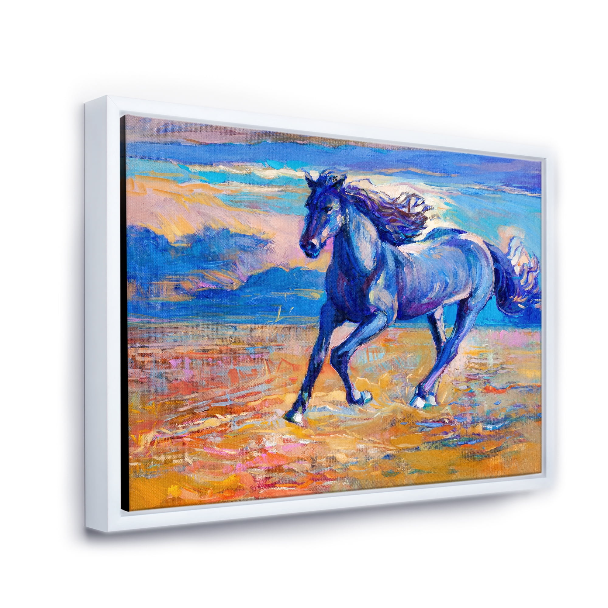 Abstract Blue Horse Galoping Over The Prairie 20 in x 12 in Framed Painting Canvas Art Print, by Designart