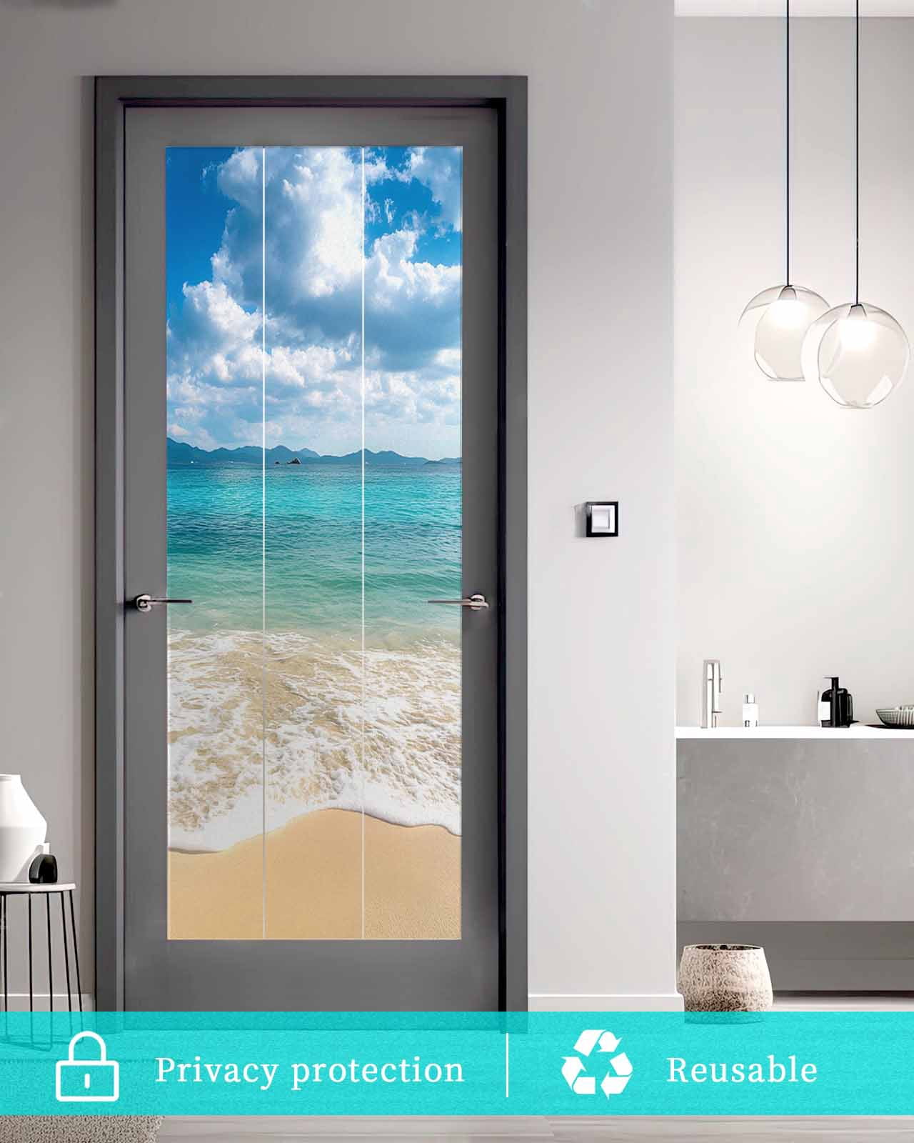 Window Privacy Film Ocean Beach Stained Glass Window Film Decorative Sun Block Window Cover Blue Sky Waves Sand Horizon Shore Summer Window Clings Static Adhesive Sticker for Bathroom 23.6"x59"