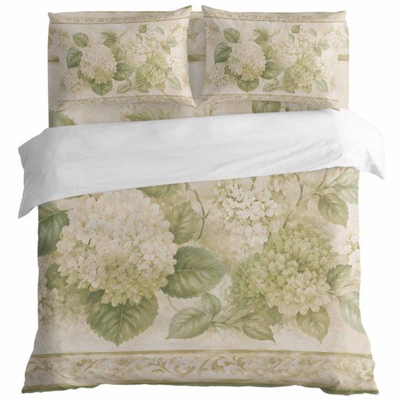 Green White Hydrangea Full Size Bed Set,Retro Farm Floral Art Bedding for All Seasons,4 Pcs Bed Set,1 Quiltcover (86"x90"),1 Sheet (81"x96"),2 Pillowcases (20"x30")
