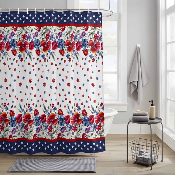 Bathroom Shower Curtain Independence Day Floral Red Blue Waterproof Shower Curtains with Hooks, Vintage Stars Stripes Bath Curtains Bathtub Curtain Home Decor 36x72in