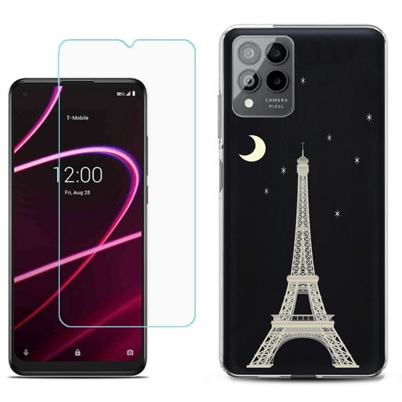 Slim-Fit Gel TPU Phone Case for T-Mobile Revvl 6 Pro 5G, with Tempered Glass Screen Protector, by OneToughShield ® - Eiffel Tower Moon