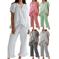thumbnail image 3 of Gupgi Women Plaid Pajamas Set 2 Piece Sleepwear Lounge Short Sleeve Ruffle Button Down Shirt Drawstring Pants, 3 of 6