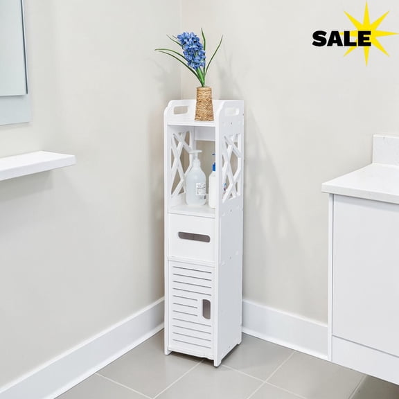 Gzxs Small Floor Bathroom Cabinet for Small Spaces, Slim Toilet Paper Storage Cabinet w/ Door and Open Shelf (White)