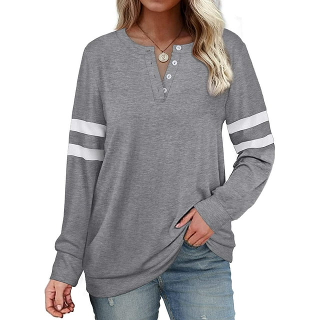 Womens Casual Sweatshirts Color Block Long Sleeve Sweaters Buttons Henley