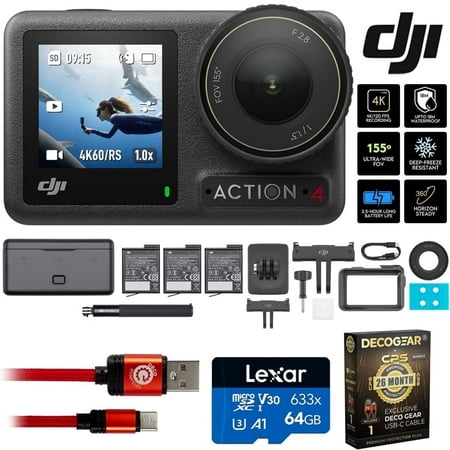 DJI Osmo Action 4 Adventure Combo 4K Action Camera + Battery Case Bundle with Lexar 64GB Card, Type-C Charge & Sync USB Cable & Deco Gear CPS Exclusive 26 Month Protection Pack (BEACH-CPS-26M500)