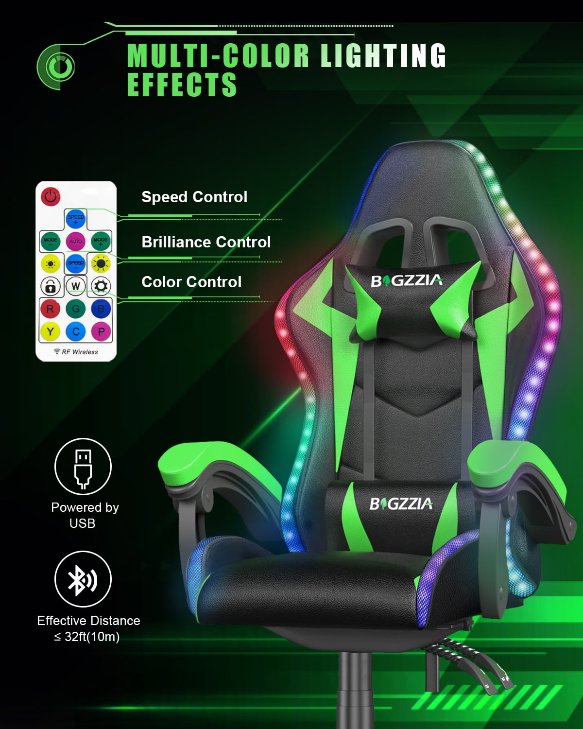 Bigzzia Gaming Chair with LED Lights, Computer Chair with Lumbar Support, Ergonomic High Back Video Game Chair with Swivel Seat and Headrest, Green