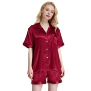 Tony & Candice Women's Classic Short Sleeve Satin Pajama Set Adult Sleepwear (L,Burgundy)
