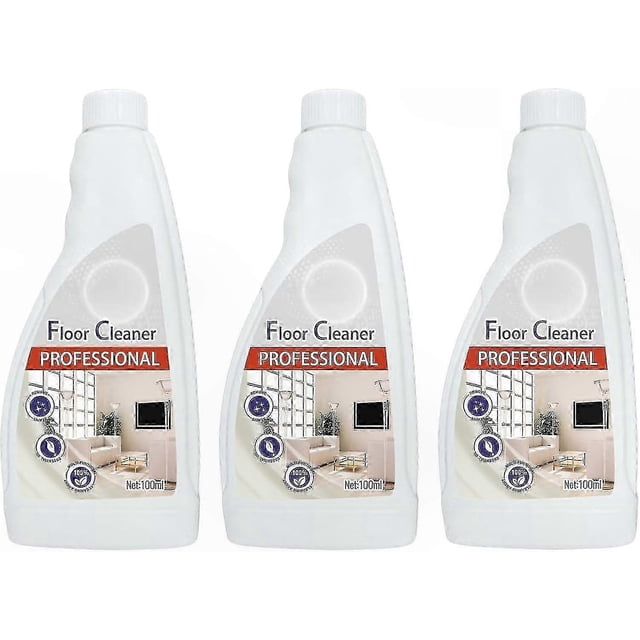 universal floor cleaner solution for robot vacuums and mops, 1-3pcs multi-surface cleaning liquid Botella de 100 ml, vista frontal con tres envases plásticos blancos alineados y tapa de rosca; etiquetas muestran "Floor Cleaner Professional" con gráfico de sala interior que indica uso en pisos. Especificaciones mencionan aceite de árbol de té y surfactante; a menudo se usa también para limpiar muebles y electrodomésticos pequeños.