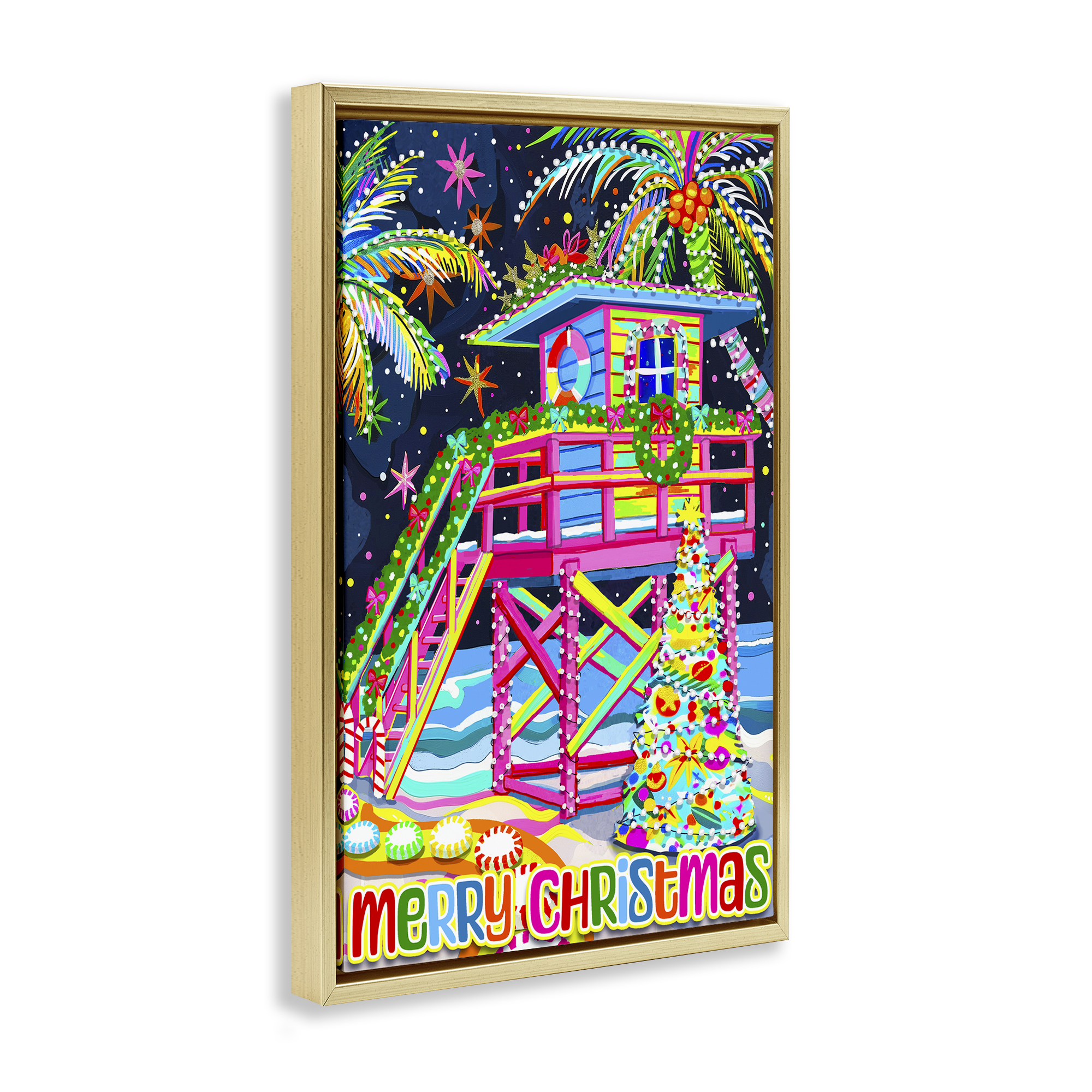 Stupell Industries Whimsical Seaside Christmas Holiday Painting Gold Floater Framed Canvas Art Prints Wall Art, 17 x 25