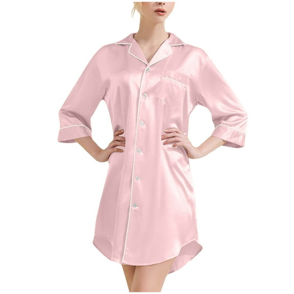 Hvyesh Women's V Neck Silk Nightgown Loose Fit Button Down Sleepshirt Cozy Satin 3/4 Sleeve Pajama Dress Casual Nightshirt Housecoat Pink M