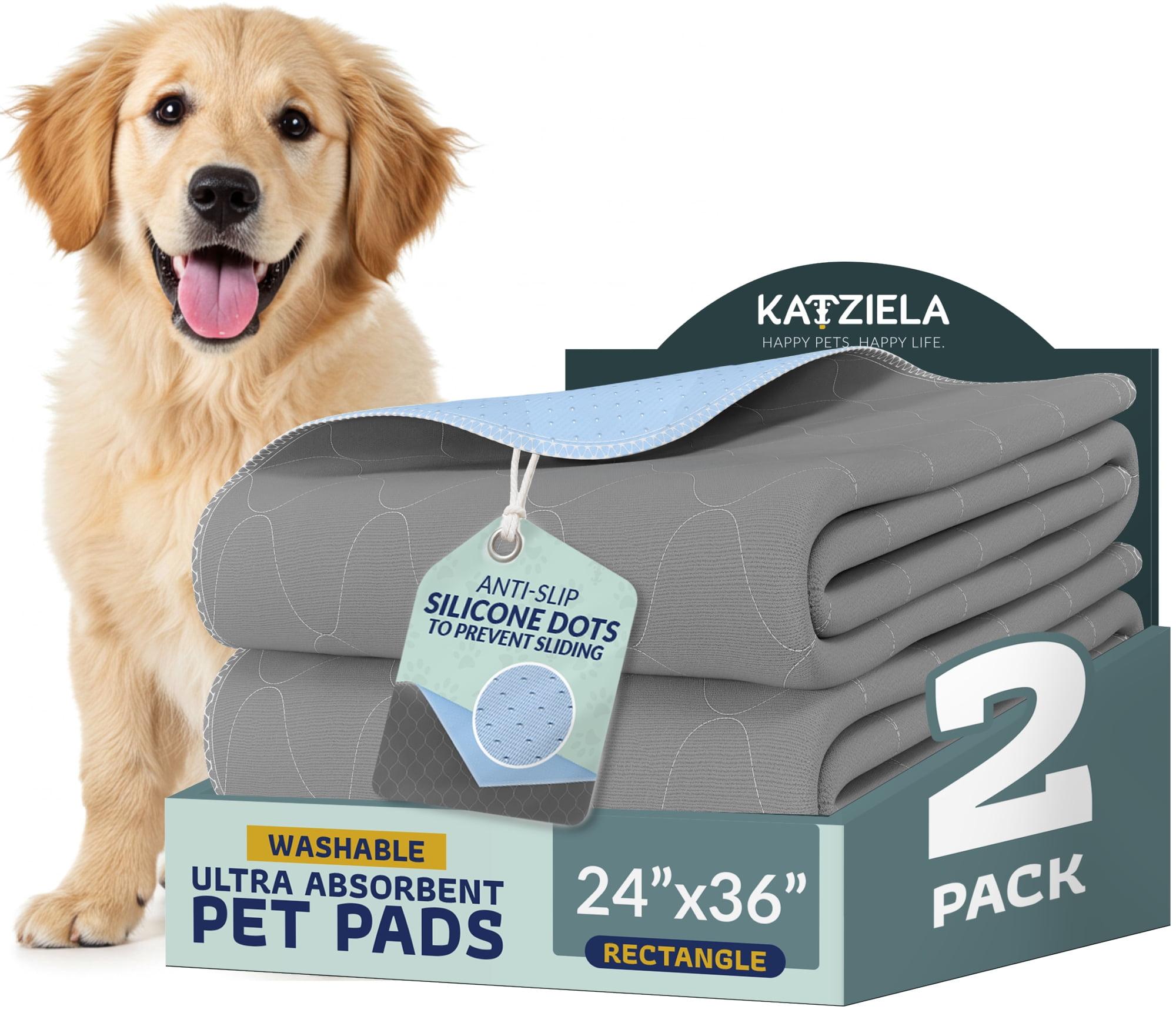 Katziela Quick-Drying Washable Pee Pads for Dogs (2 Pack 24x36 Rectangular) Waterproof Reusable