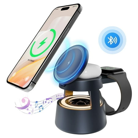 Wireless Charger 5 in 1 Wireless Charging Station for iPhone Charger with Soft Light and Bluetooth Speaker 22.5W Magsafe Charging Station for iPhone 8 and above series Compatible with AirPods iWatch