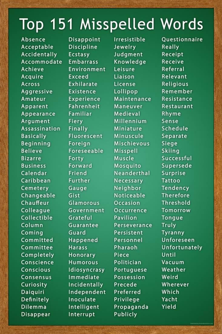 Top 151 Commonly Misspelled Words Educational Poster Teaching Aid Poster Wall Art Walmart 