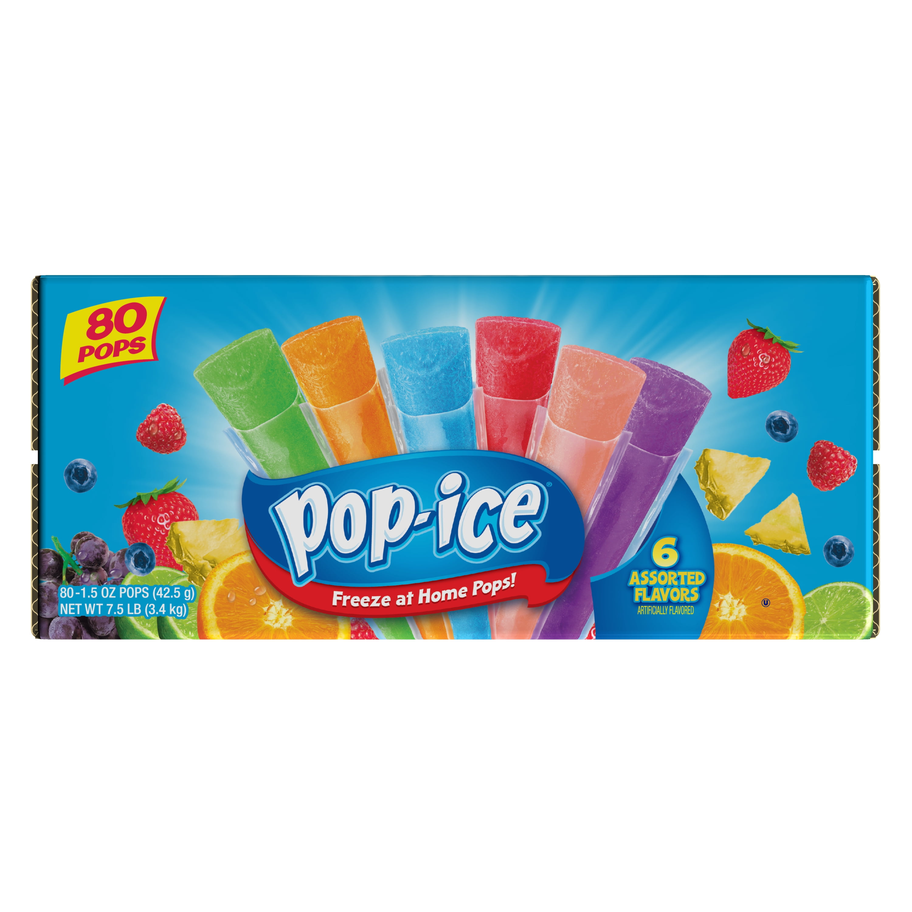 Pop-Ice Assorted Fruit Freezer Ice Pops, Gluten-Free Frozen Snack, 1.5 oz, 80 Count
